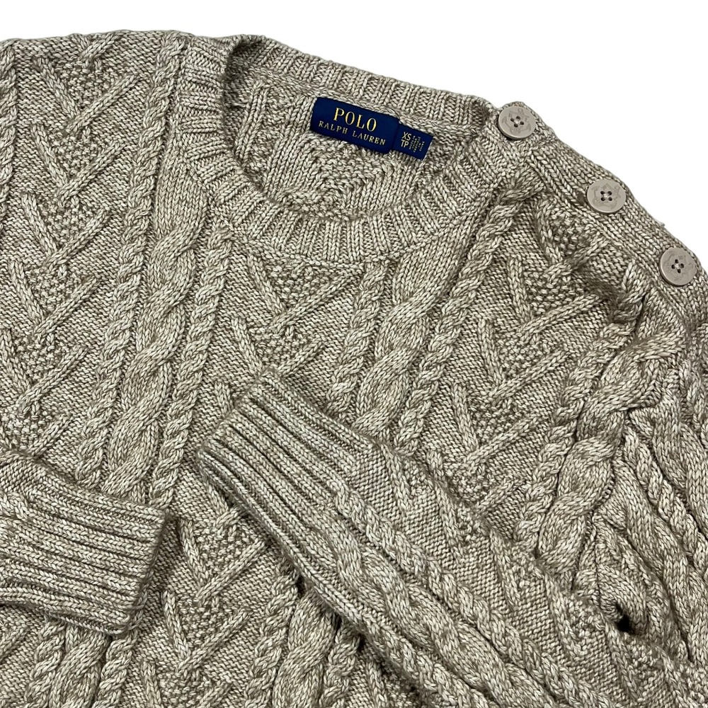 Polo Ralph Lauren Cable Knit Fisherman Sweater Womens XS Tan Button Shoulder